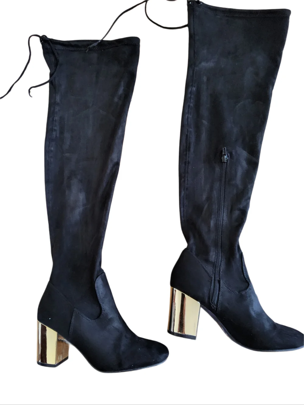 Justfab Black Over-the-Knee Boots with Gold Block Heel/Faux Suede
